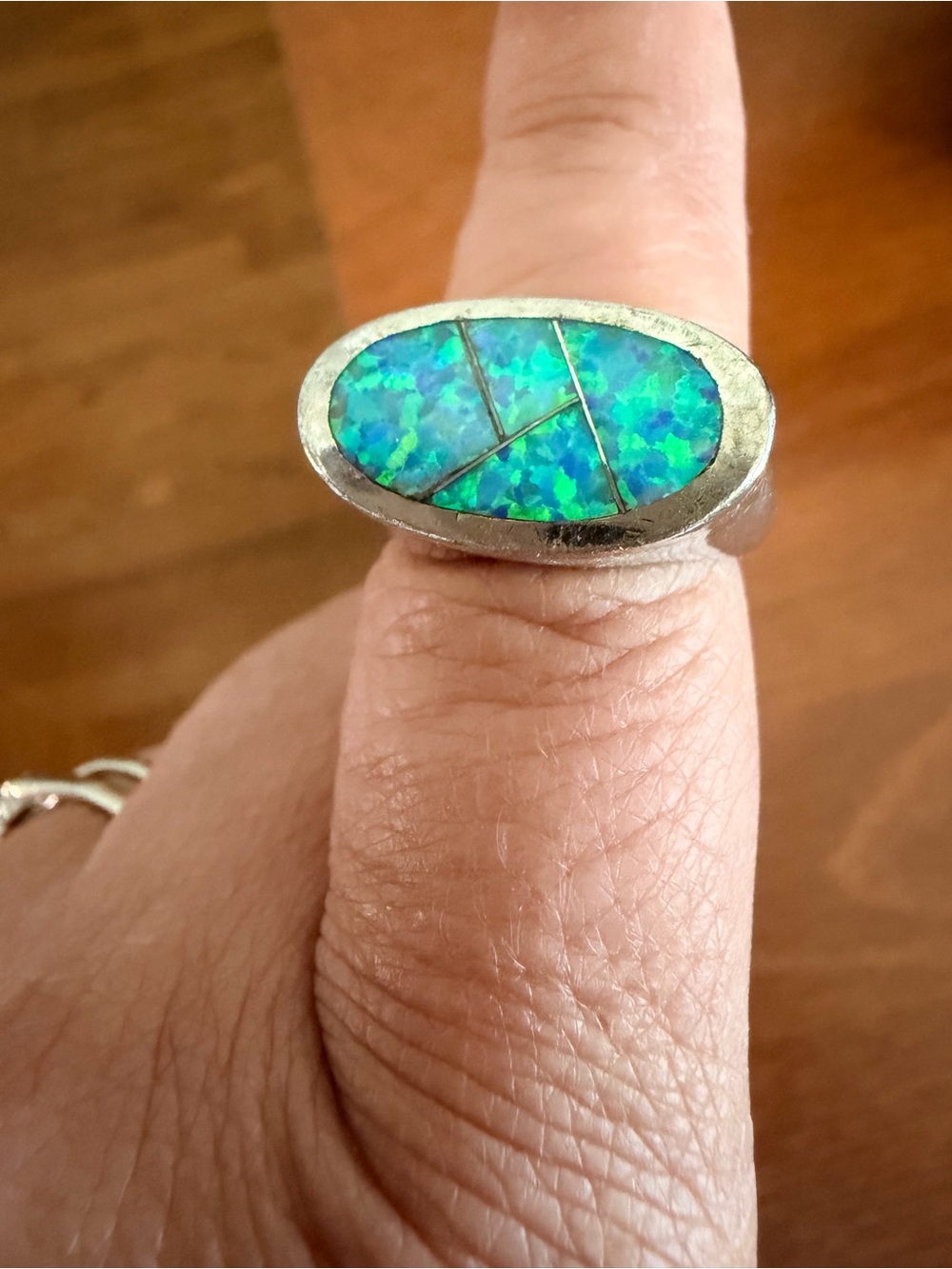 Sterling Silver 925 Blue Green Opal Inlay Mosaic Statement Ring Size 7